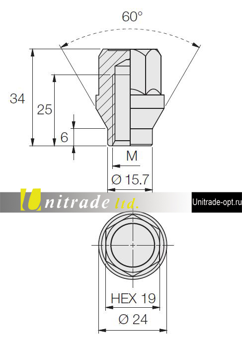 Гайка колесная N19BRT34C (N426) M12 x 1,5, юбка, ключ 19 мм, закрытая